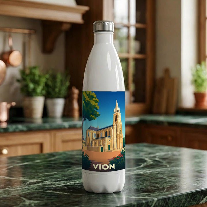 Gourde blanche souvenir de la ville de Vion avec une illustration stylisée d'une église.
