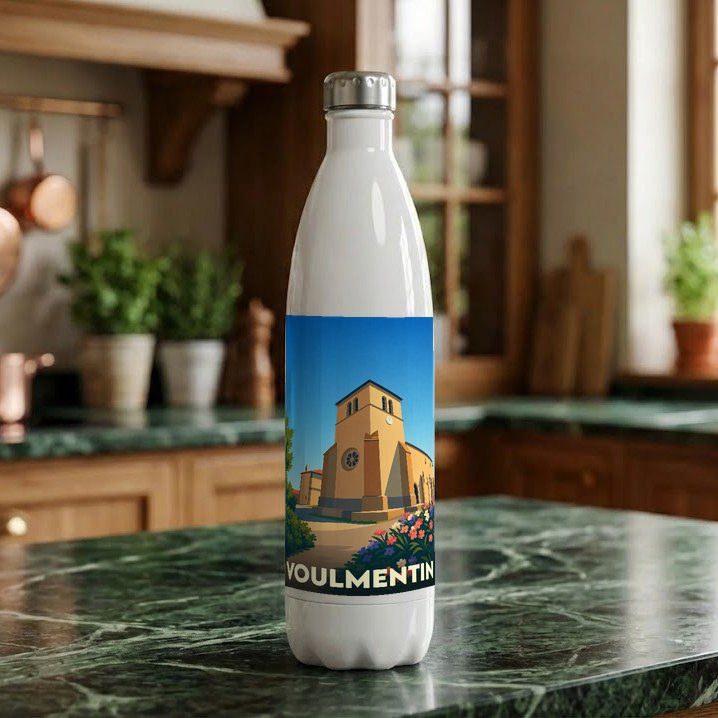 Gourde souvenir de la ville de Voulmentin avec une illustration stylisée de son église.