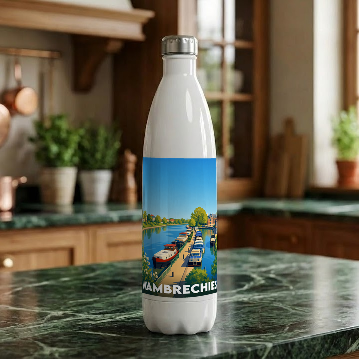 Gourde souvenir de la ville de Wambrechies avec une illustration stylisée de son port de plaisance.