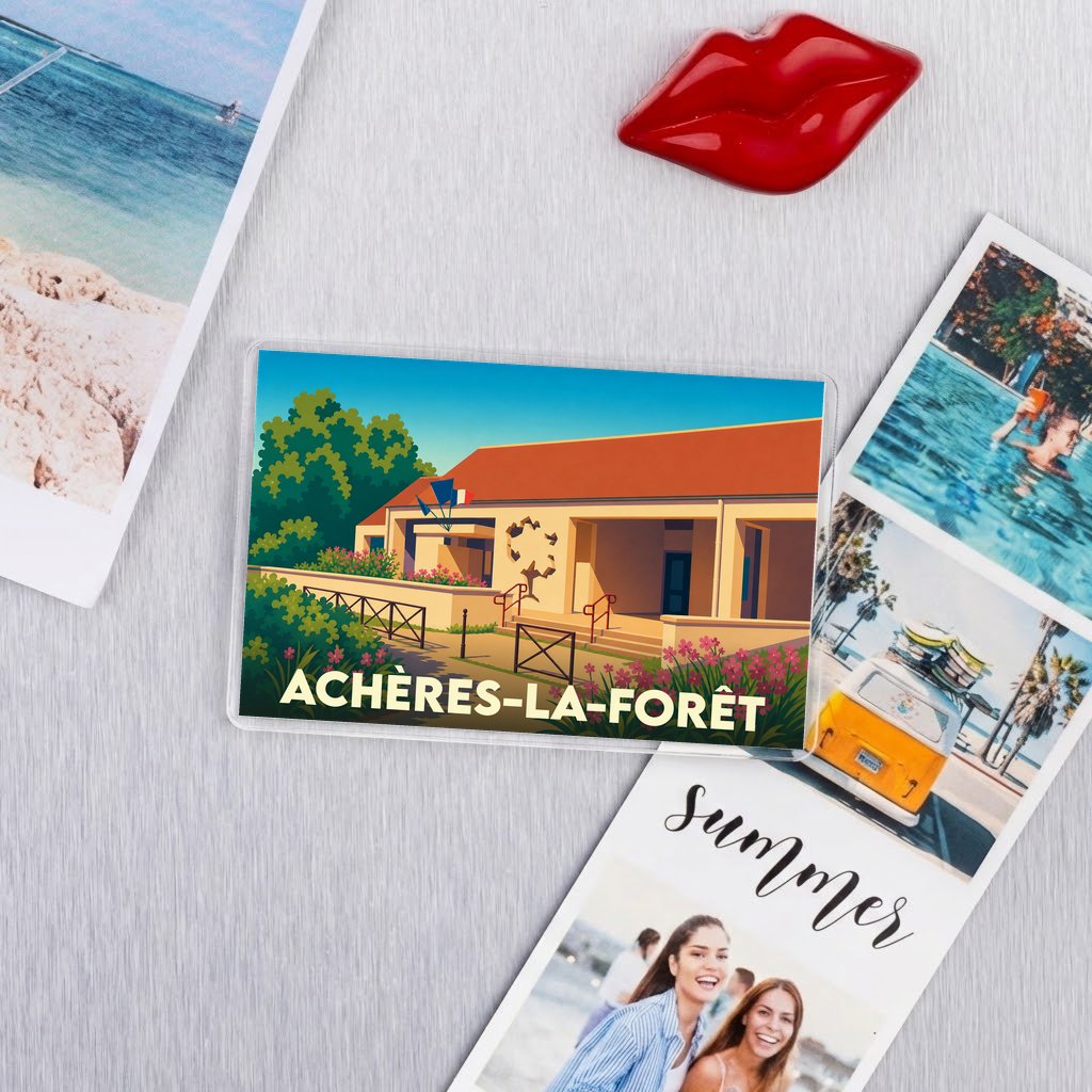 Magnet souvenir de la ville d'Achères-la-Forêt avec une illustration stylisée de sa mairie.