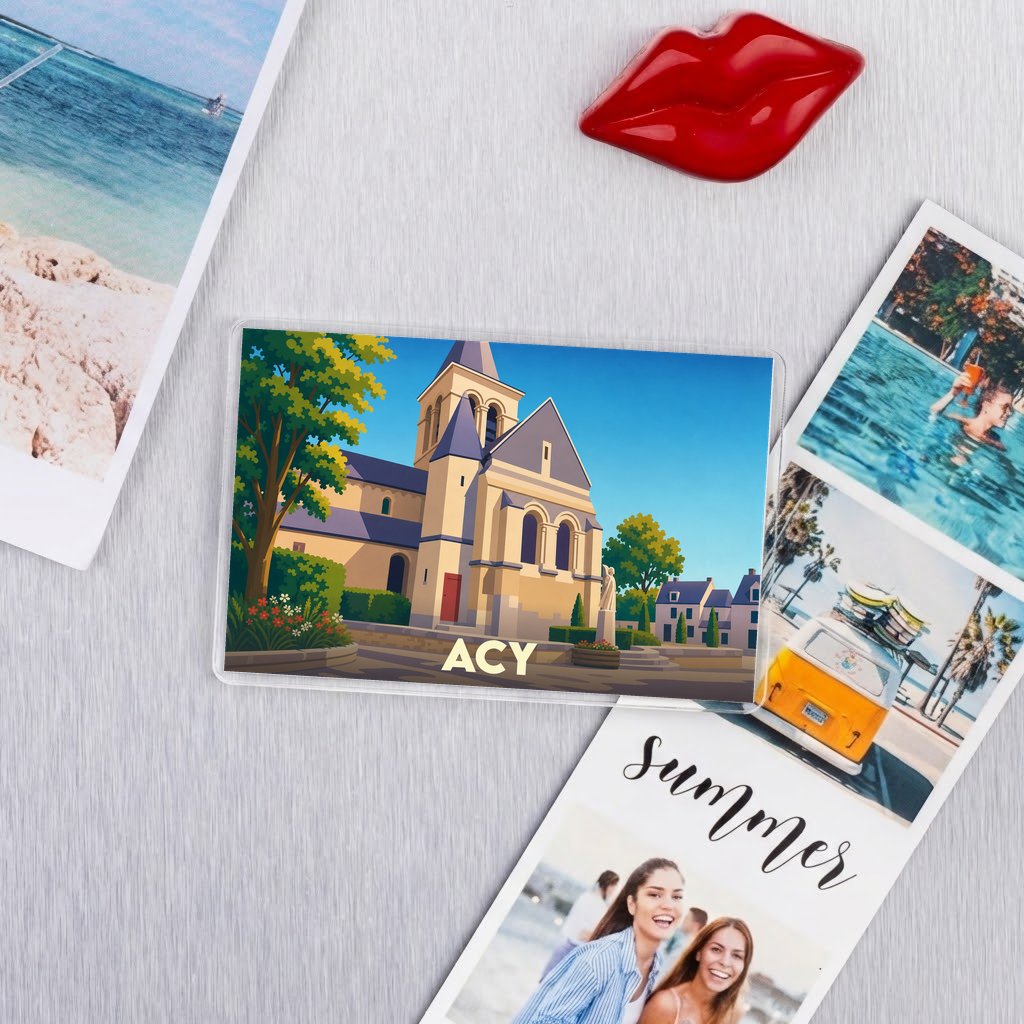 Magnet souvenir de la ville d'Acy avec une illustration stylisée d'une église.