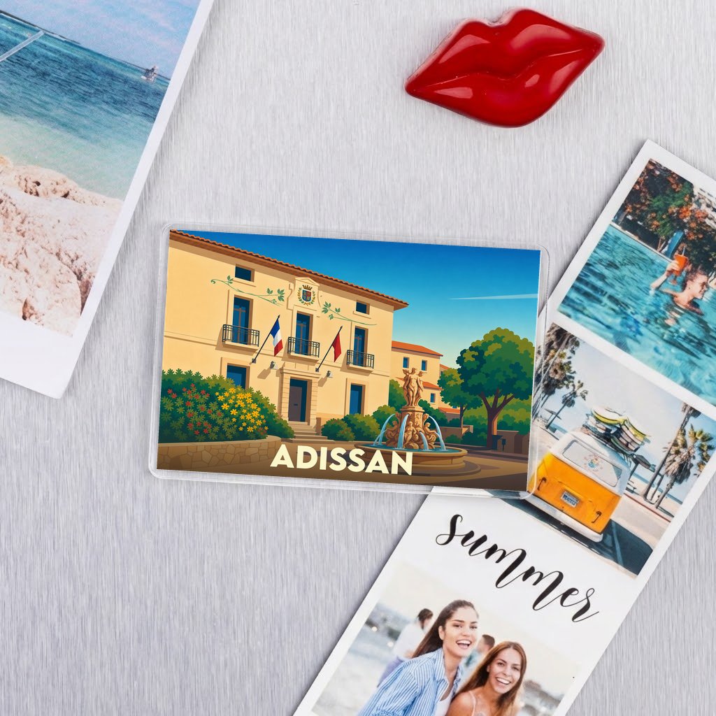 Magnet souvenir de la ville d'Adissan avec une illustration stylisée d'une mairie et de sa fontaine.