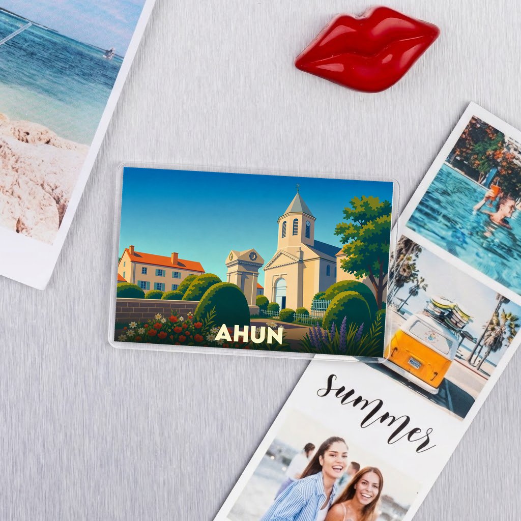 Magnet souvenir de la ville de Ahun avec une illustration stylisée.