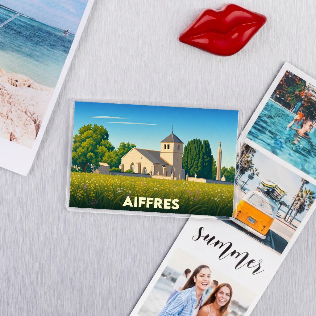 Magnet souvenir de la ville de Aiffres avec une illustration stylisée de son église.