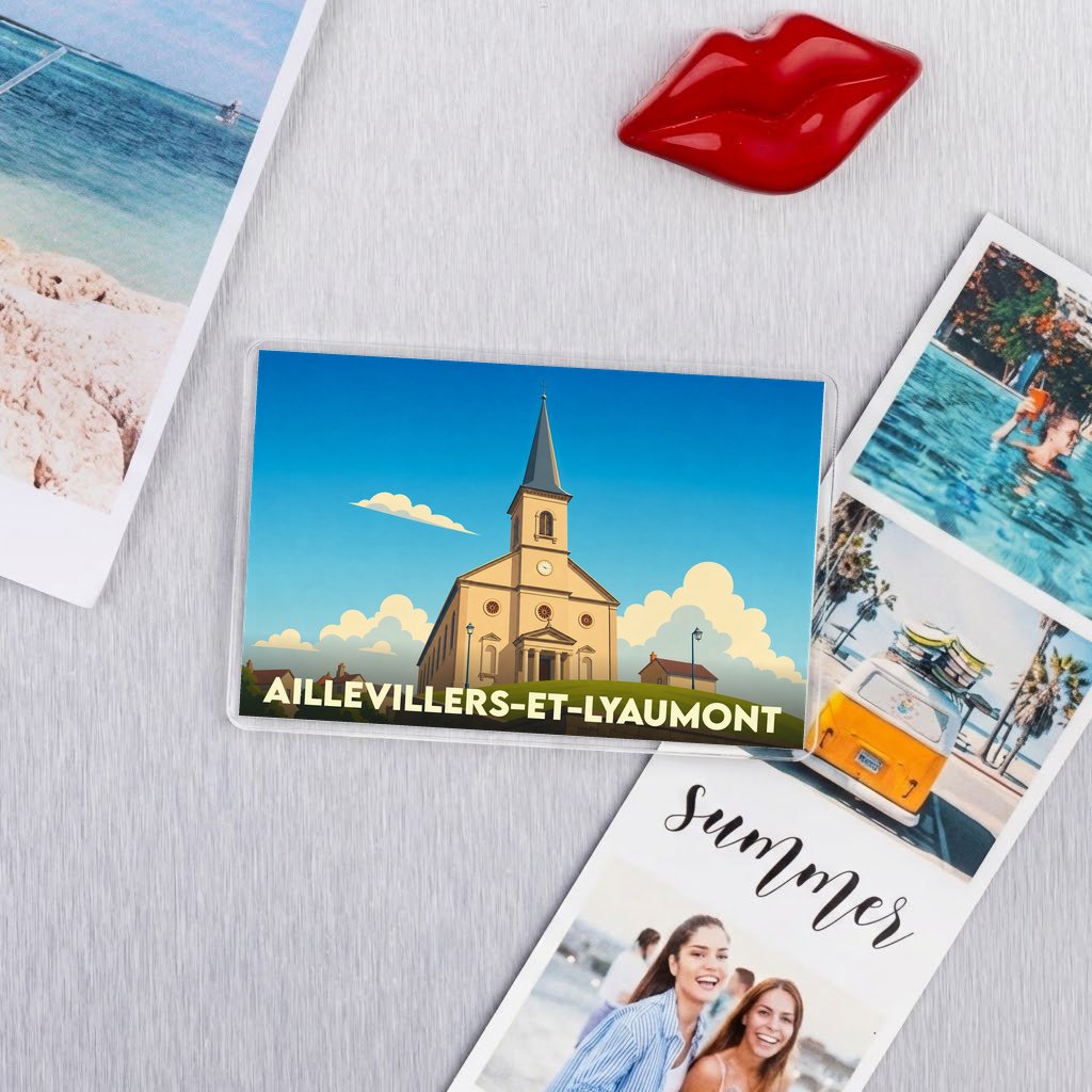 Magnet rectangulaire souvenir de la ville de Aillevillers-et-Lyaumont avec une illustration stylisée de son église.