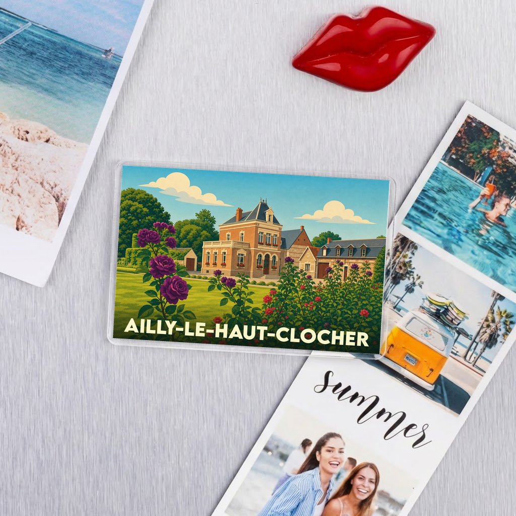 Magnet souvenir de la ville de Ailly-le-Haut-Clocher avec une illustration stylisée d'une maison de maître et de roses.