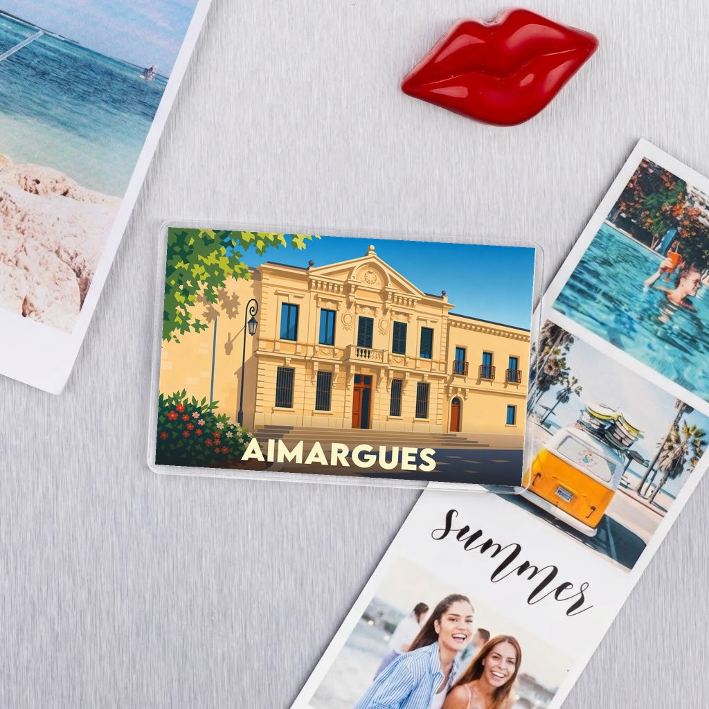 Magnet souvenir de la ville d'Aimargues avec une illustration stylisée de son hôtel de ville.