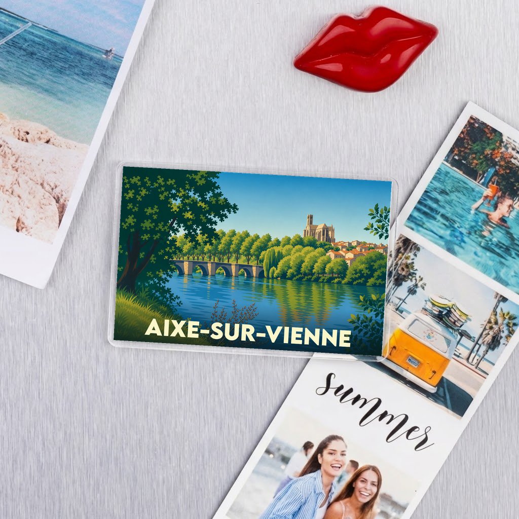 Magnet souvenir de la ville de Aixe-sur-Vienne avec une illustration stylisée d'un pont et d'une église au bord de l'eau.
