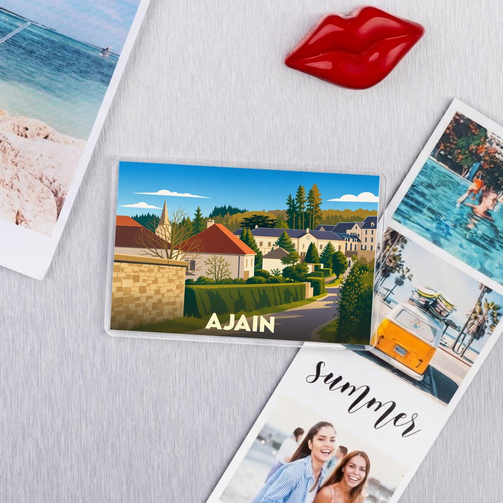Magnet souvenir de la ville d'Ajain avec une illustration stylisée.