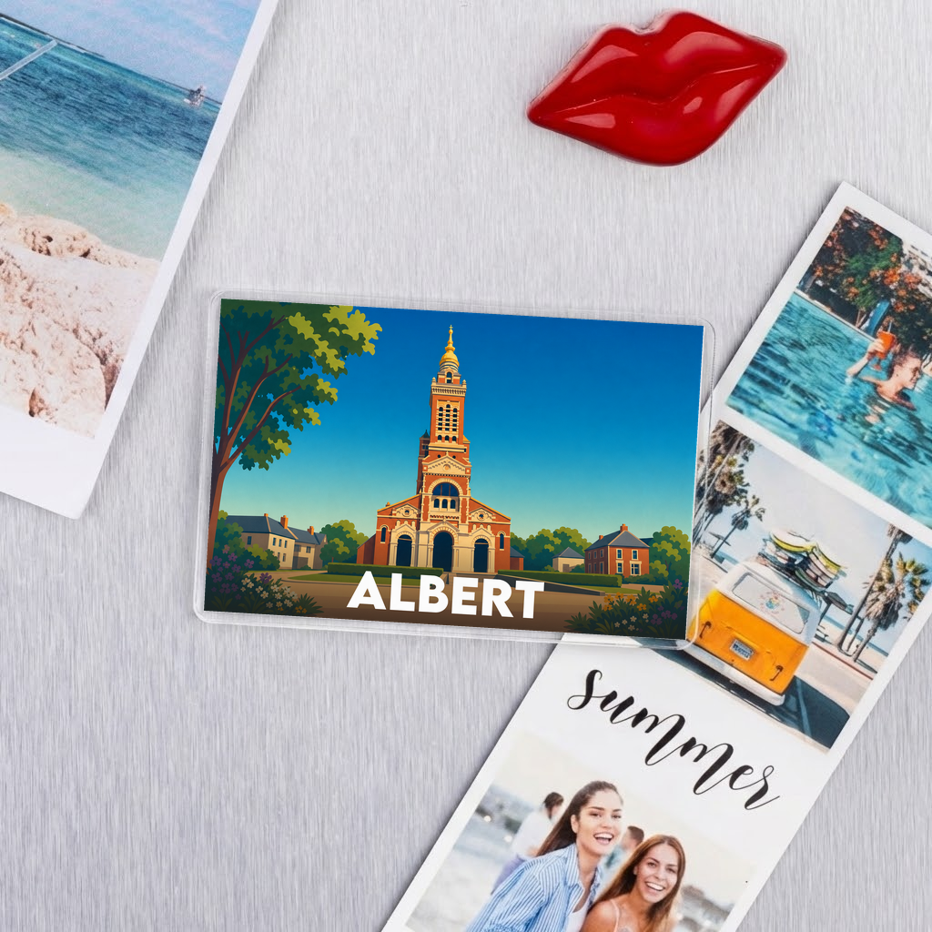 Magnet souvenir de la ville d'Albert avec une illustration stylisée de sa basilique.