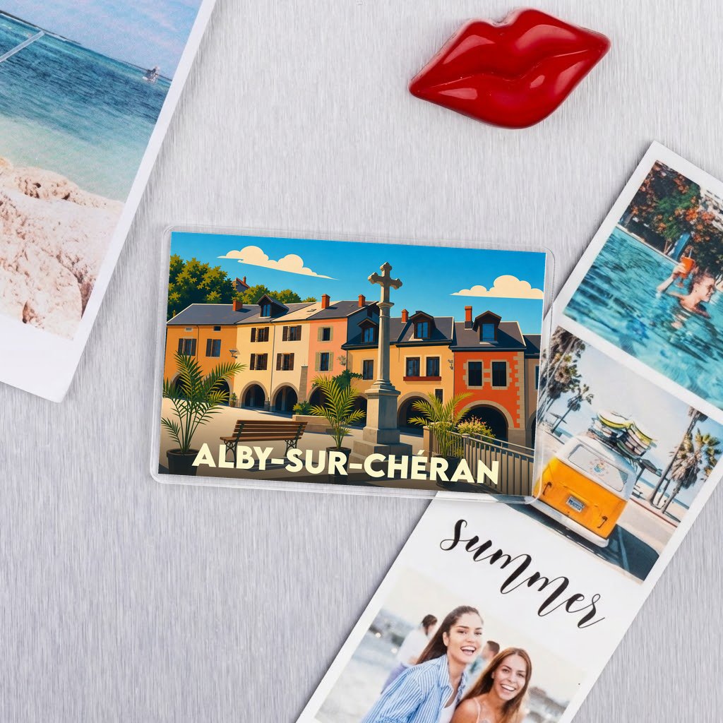 Magnet souvenir de la ville de Alby-sur-Chéran avec une illustration colorée et stylisée.