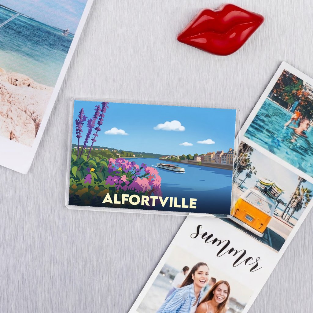 Magnet souvenir de la ville d'Alfortville avec une illustration stylisée des bords de l'eau.
