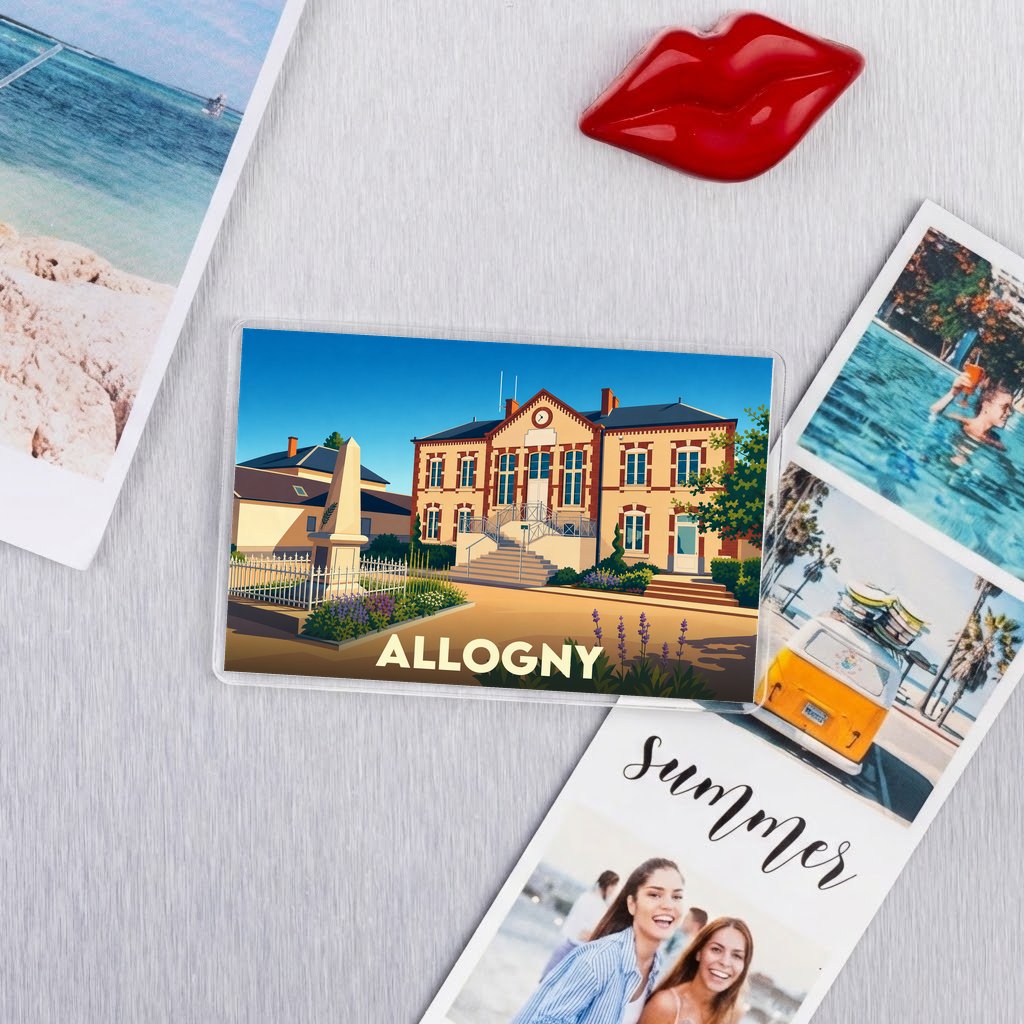 Magnet souvenir de la ville d'Allogny avec une illustration stylisée de sa mairie et d'un monument.