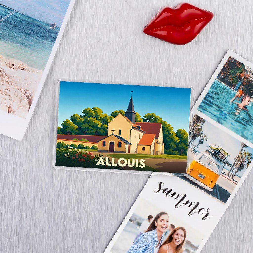 Magnet souvenir de la ville d'Allouis avec une illustration stylisée de son église.