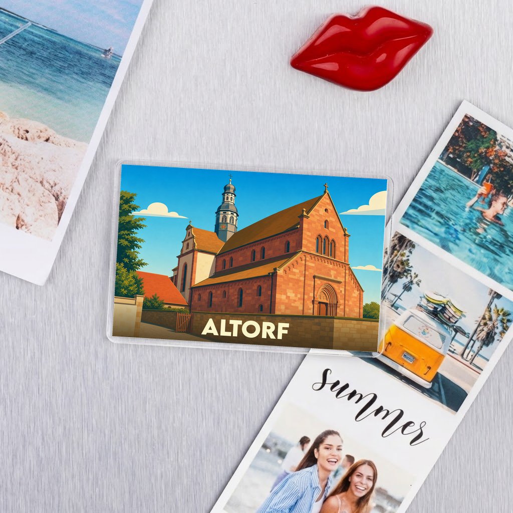 Magnet souvenir de la ville d'Altorf avec une illustration stylisée d'une église historique.