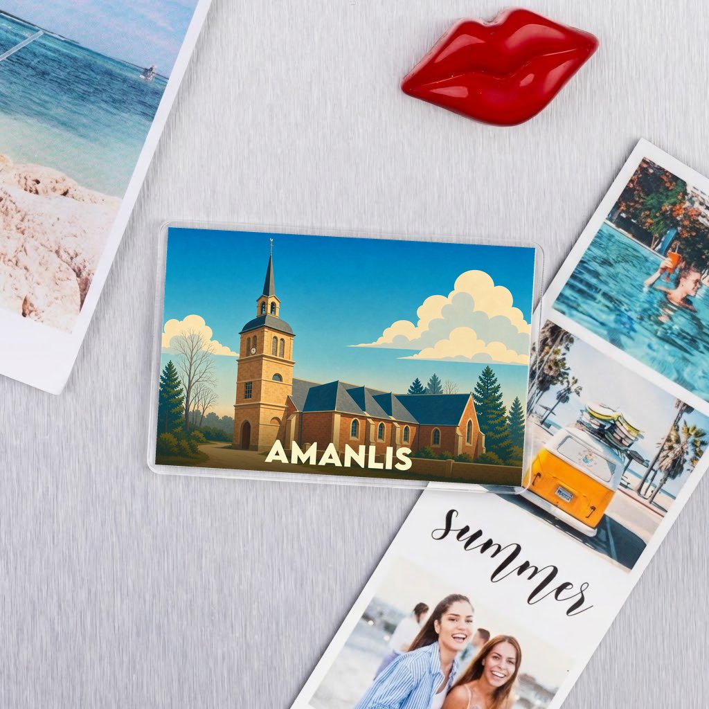 Magnet souvenir de la ville d'Amanlis avec une illustration stylisée de son église.