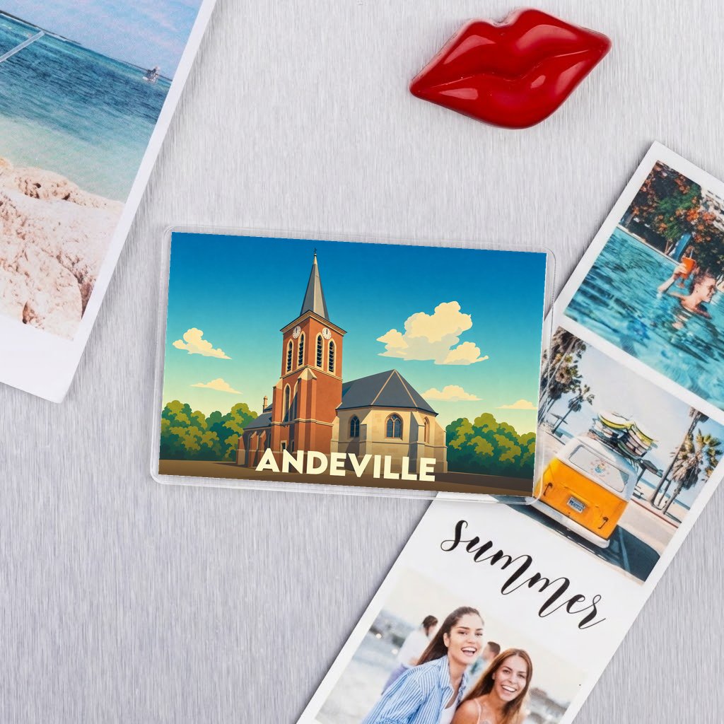 Magnet souvenir de la ville de Andeville avec une illustration stylisée d'une église.
