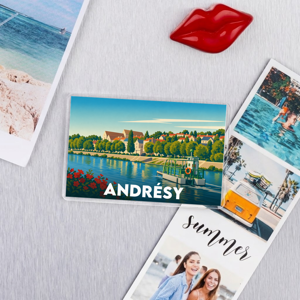 Magnet souvenir de la ville d'Andrésy avec une illustration colorée et stylisée.