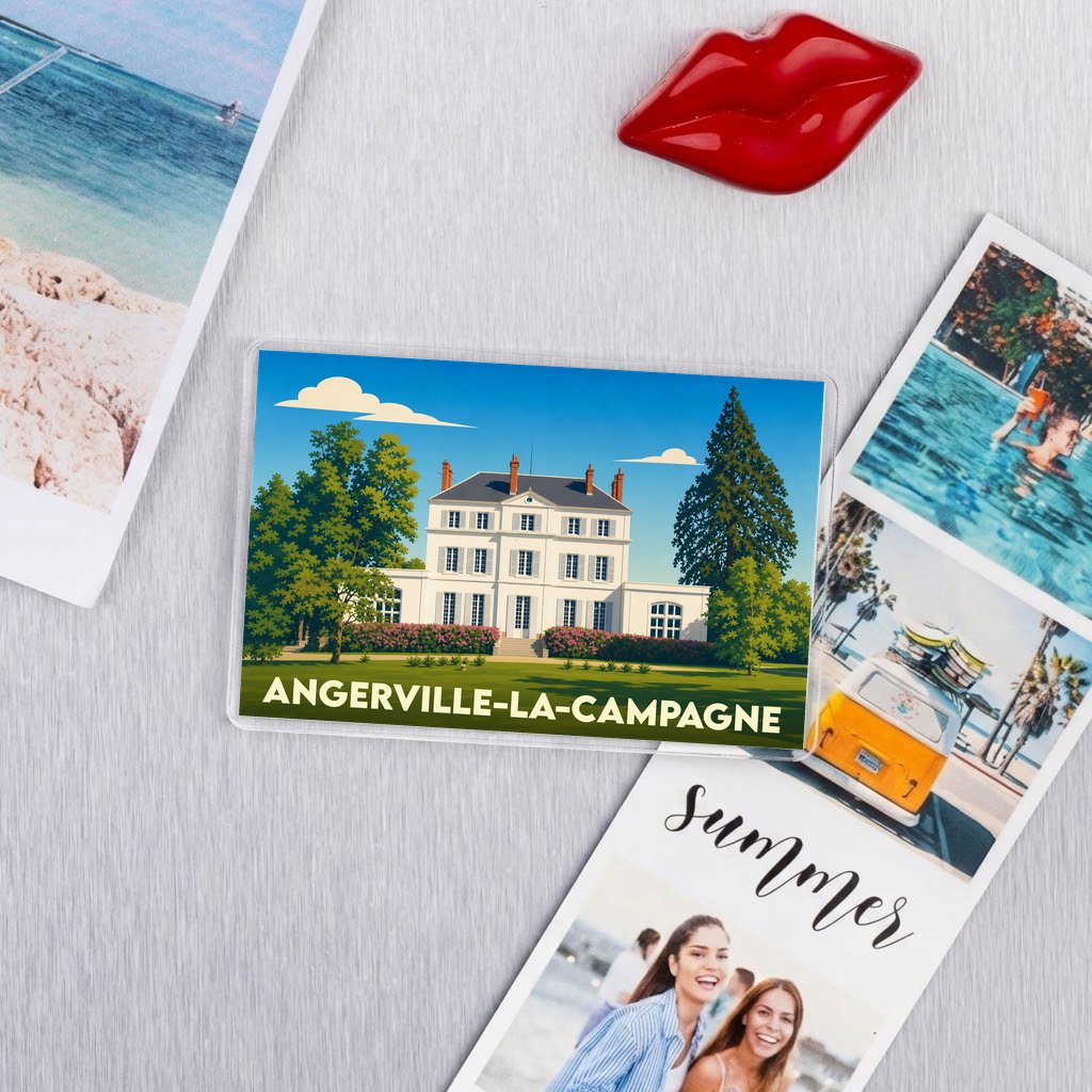 Magnet souvenir de la ville d'Angerville-la-Campagne avec une illustration stylisée d'un château.