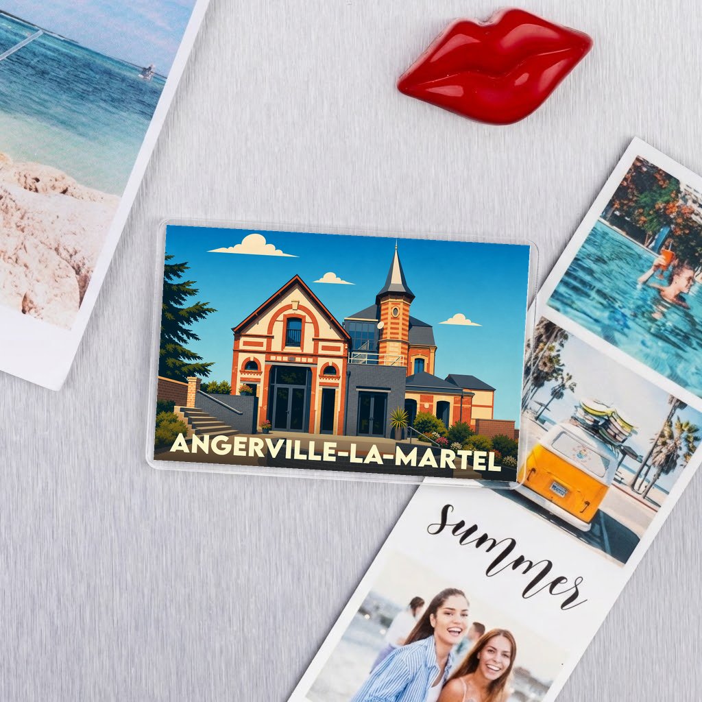 Magnet souvenir de la ville d'Angerville-la-Martel avec une illustration stylisée de son architecture.