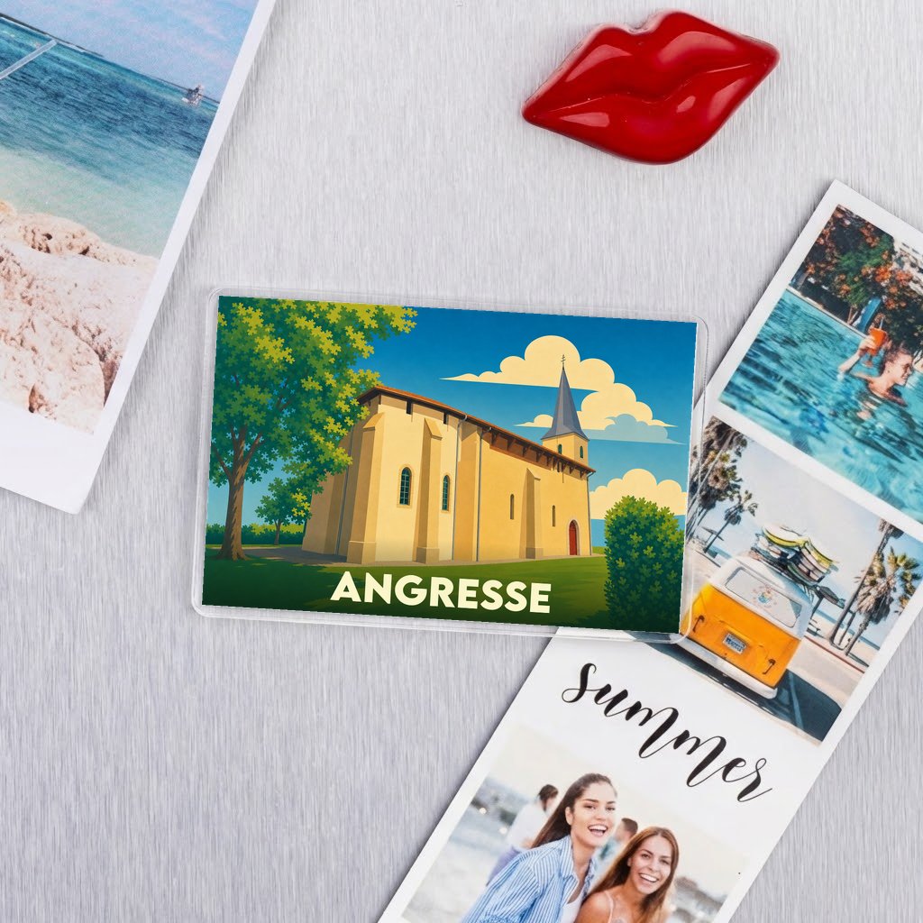 Magnat souvenir de la ville d'Angresse avec une illustration stylisée de son église.
