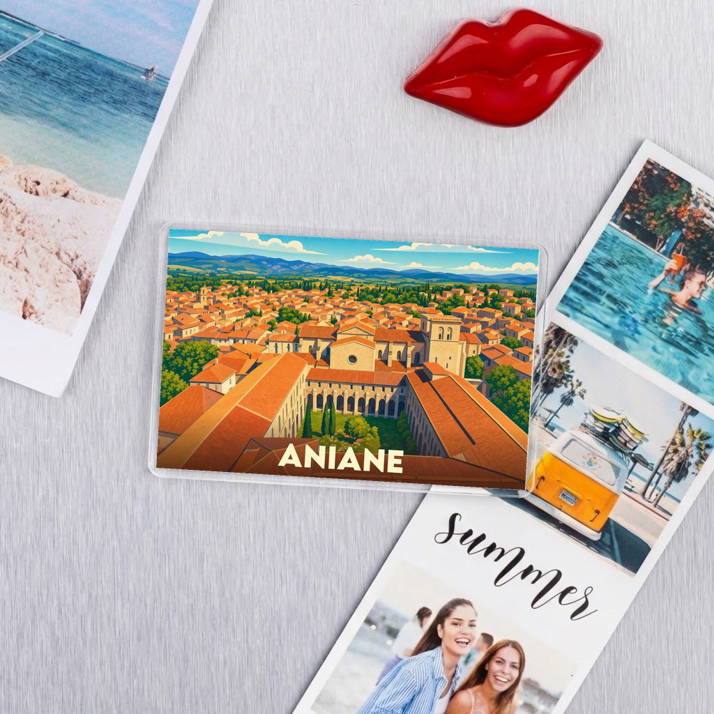 Magnet souvenir de la ville d'Aniane avec une illustration stylisée de ses toits orangés et de son abbaye.