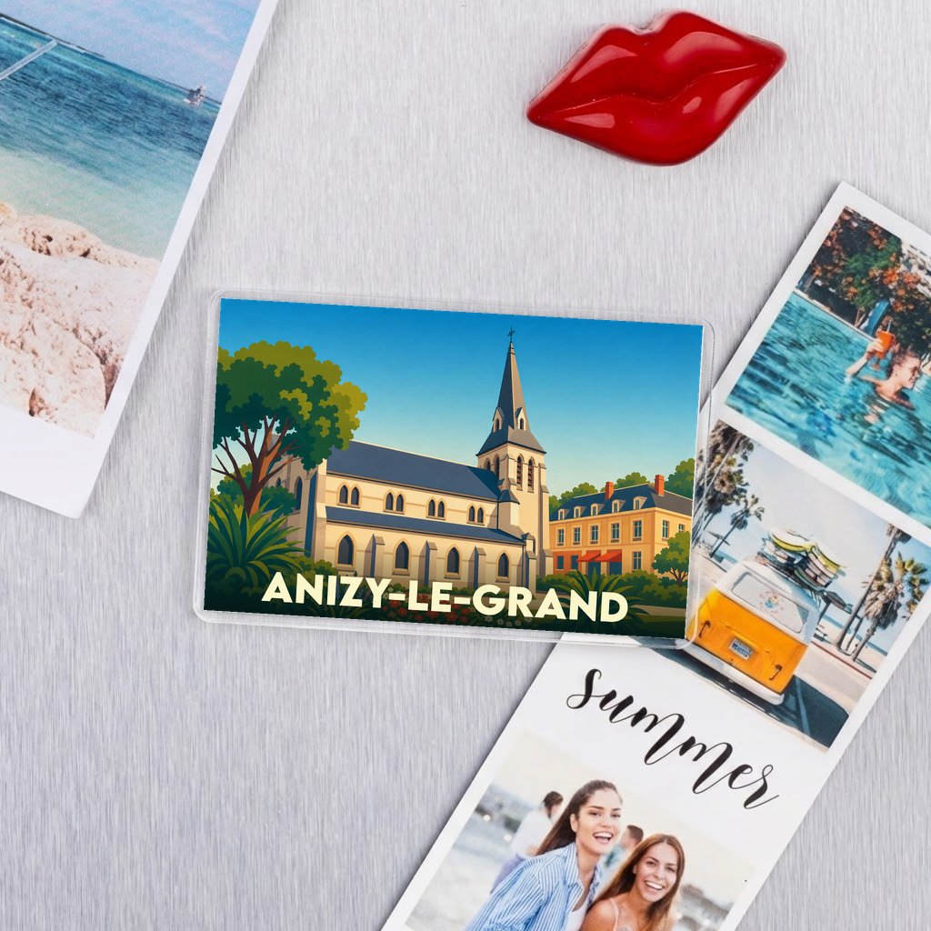 Magnet souvenir de la ville de Anizy-le-Grand avec une illustration stylisée de son église.