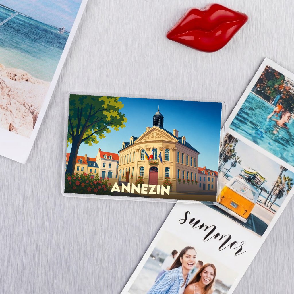 Magnet souvenir de la ville d'Annezin avec une illustration stylisée de son hôtel de ville.