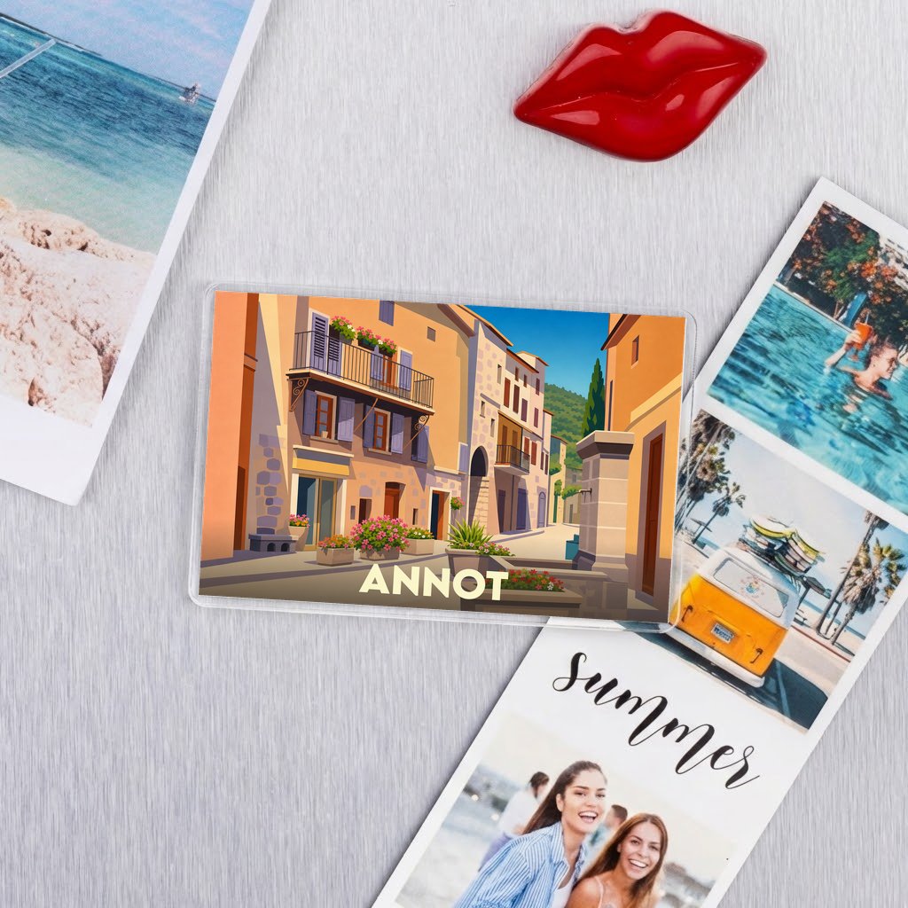 Magnet souvenir de la ville de Annot avec une illustration stylisée.
