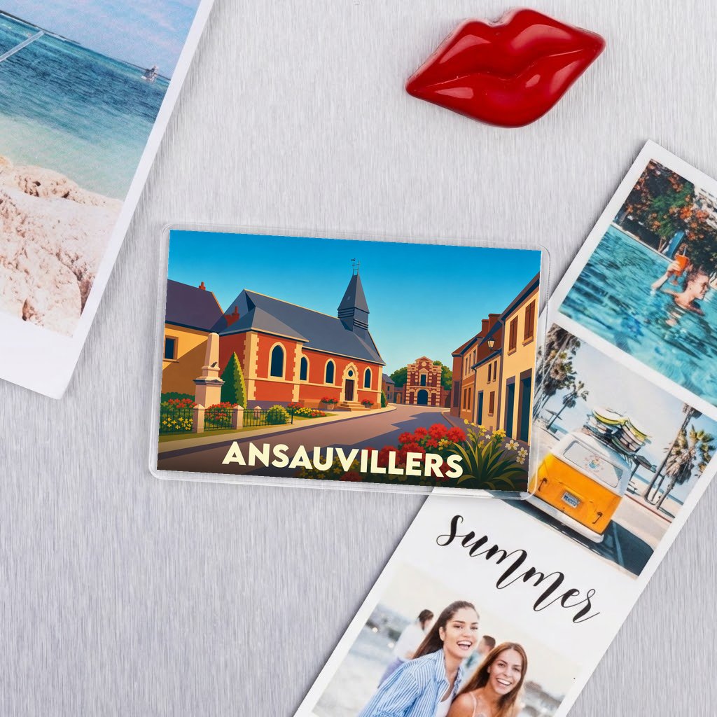Magnet souvenir de la ville d'Ansauvillers avec une illustration colorée et stylisée de son église.