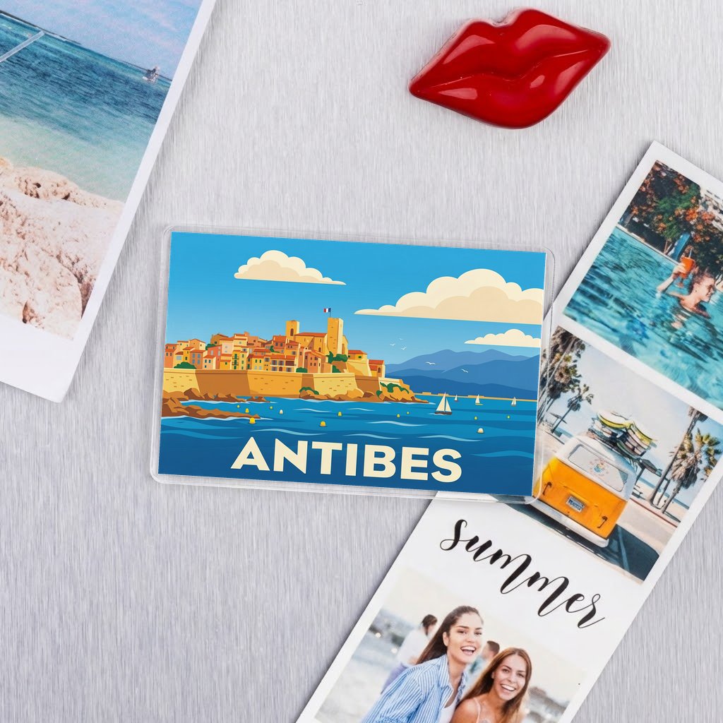 Magnet souvenir de la ville d'Antibes avec une illustration stylisée de ses remparts en bord de mer.