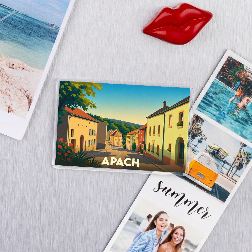 Magnet souvenir de la ville d'Apach avec une illustration stylisée et colorée.