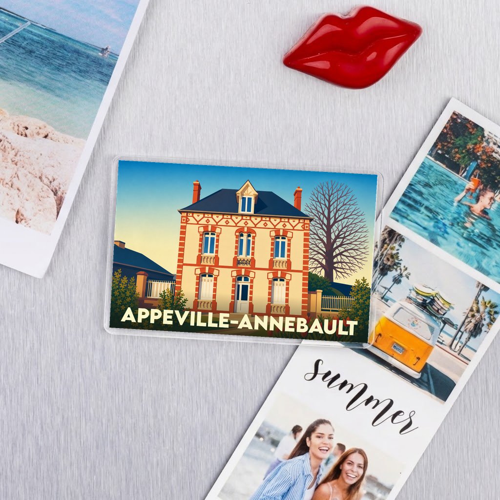 Magnet souvenir de la ville d'Appeville-Annebault avec une illustration stylisée d'une maison traditionnelle.