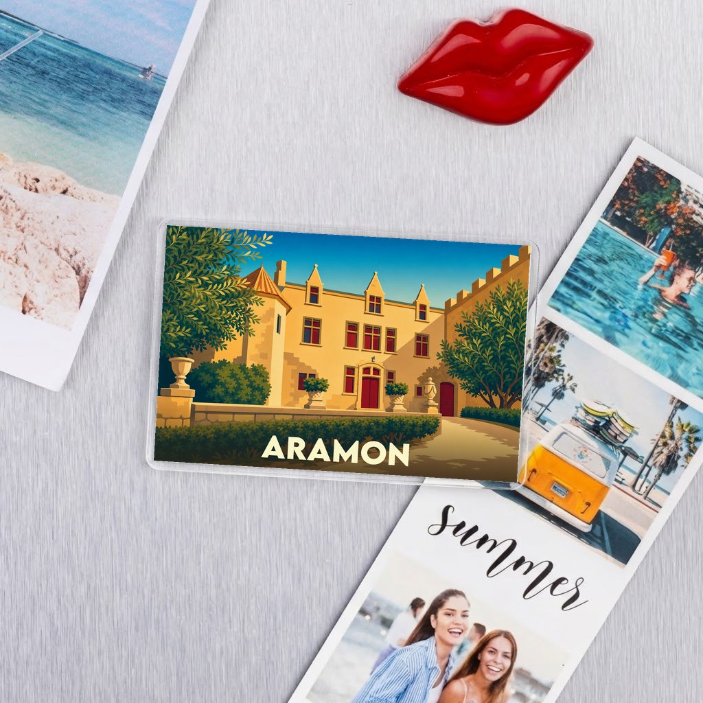 Magnet souvenir de la ville d'Aramon avec une illustration stylisée de son château.