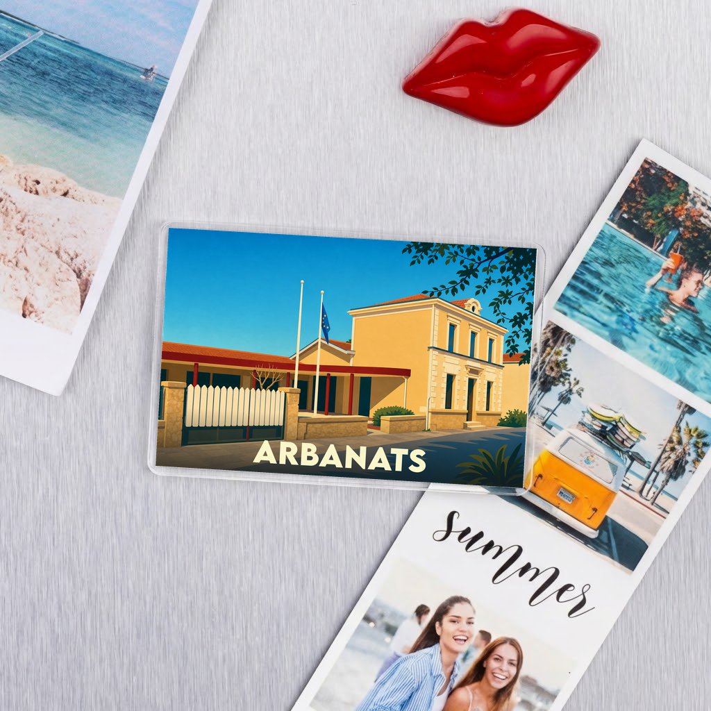 Magnet souvenir de la ville de Arbanats avec une illustration stylisée de sa mairie.