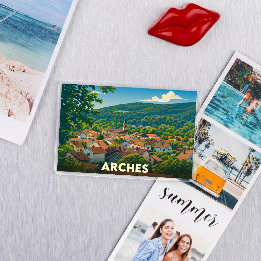 Magnet souvenir de la ville de Arches avec une illustration stylisée de son paysage urbain entouré de collines boisées.