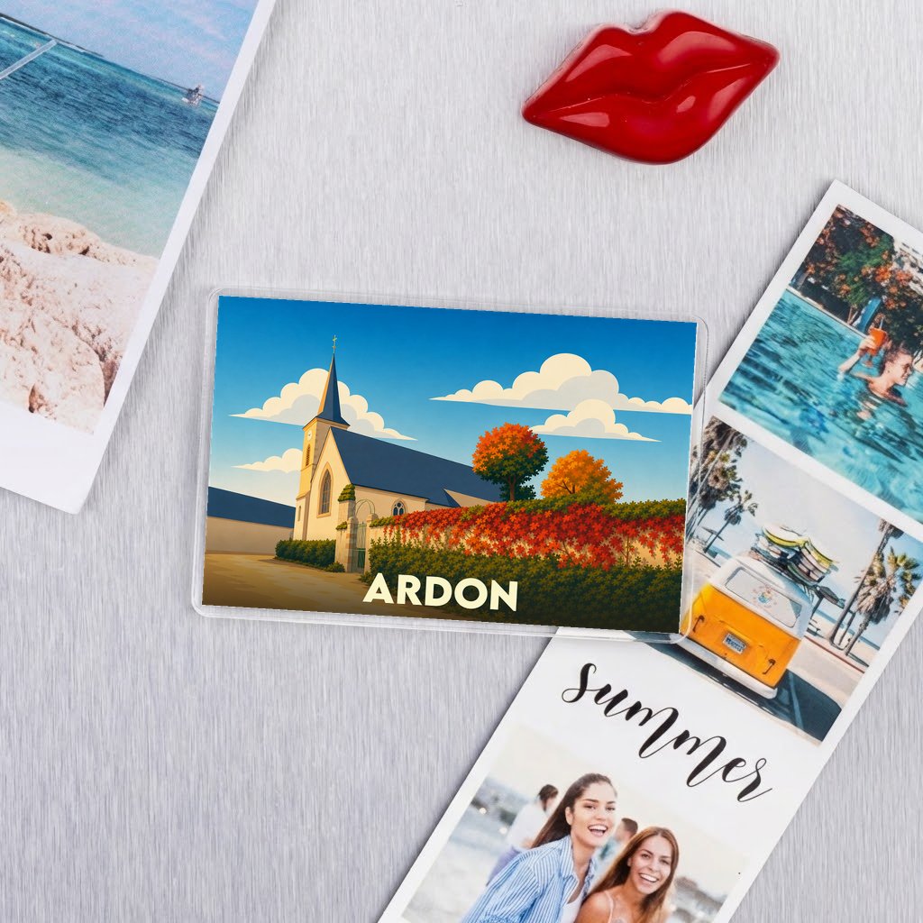 Magnet souvenir de la ville d'Ardon avec une illustration stylisée d'une église et d'un paysage automnal.