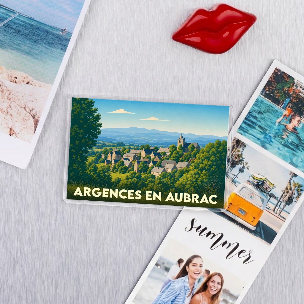 Magnet souvenir de la ville de Argences en Aubrac avec une illustration de paysage champêtre.
