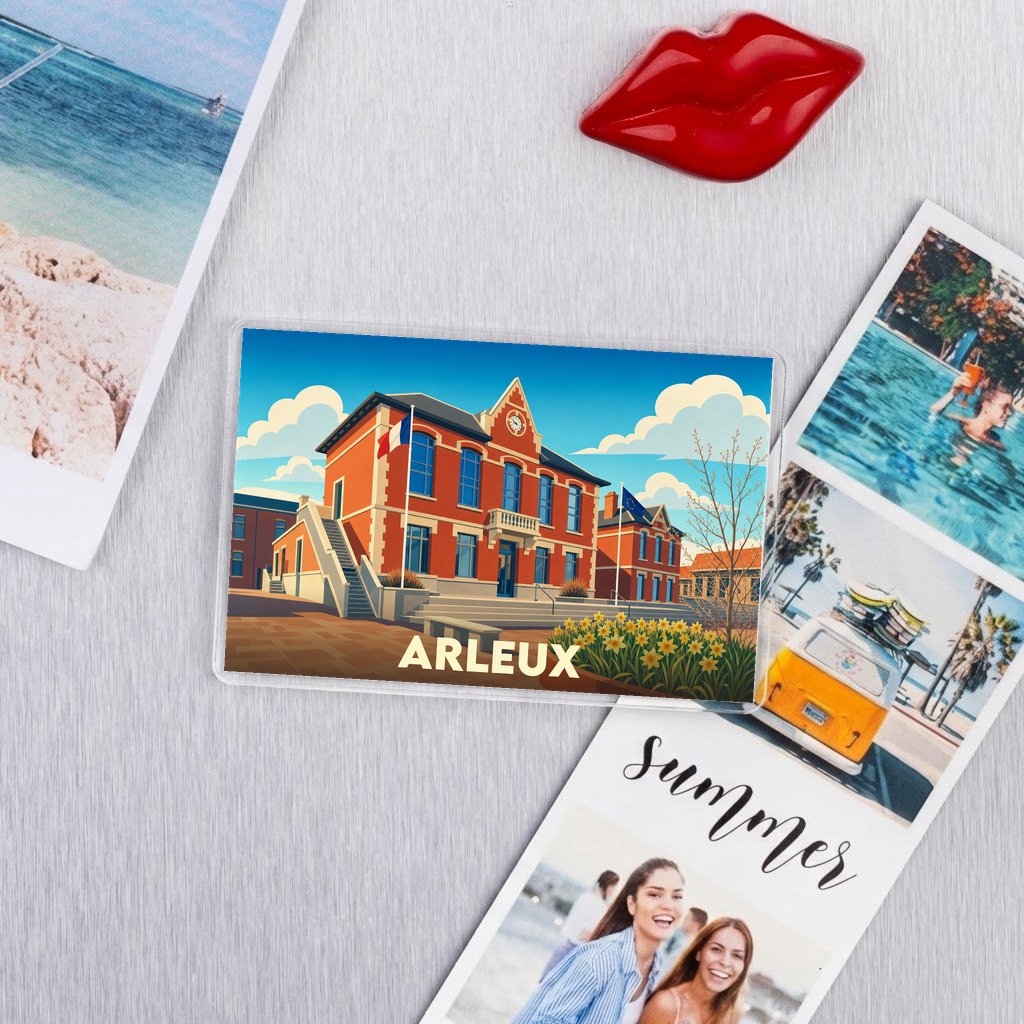 Magnet souvenir de la ville d'Arleux avec une illustration stylisée de son hôtel de ville.