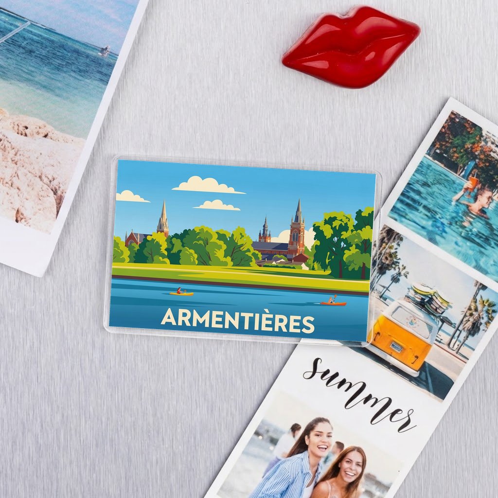 Magnet souvenir de la ville d’Armentières avec une illustration stylisée.