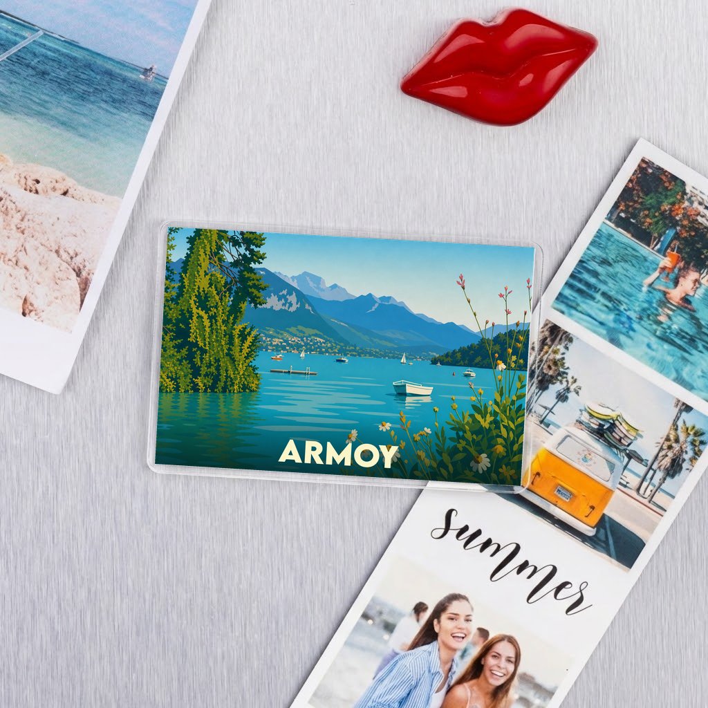 Magnet souvenir de la ville d'Armoy avec une illustration stylisée de son lac et de ses montagnes.