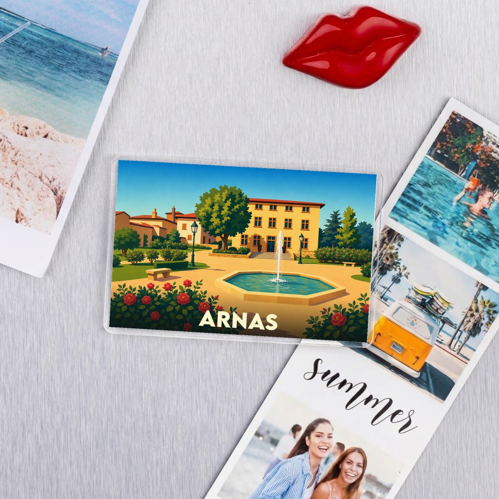 Magnet souvenir de la ville de Arnas avec une illustration stylisée d'une place ensoleillée.