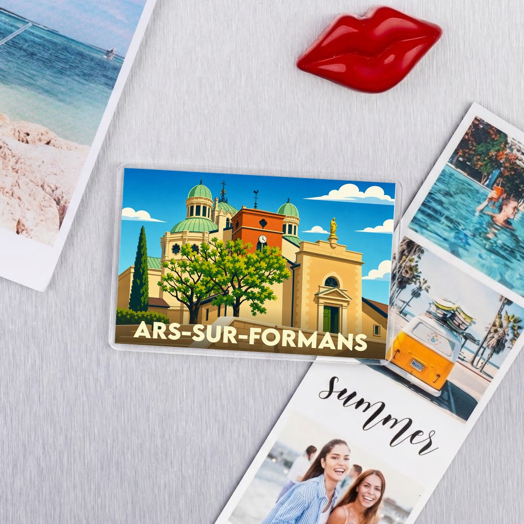 Magnet souvenir de la ville de Ars-sur-Formans avec une illustration stylisée de sa basilique.