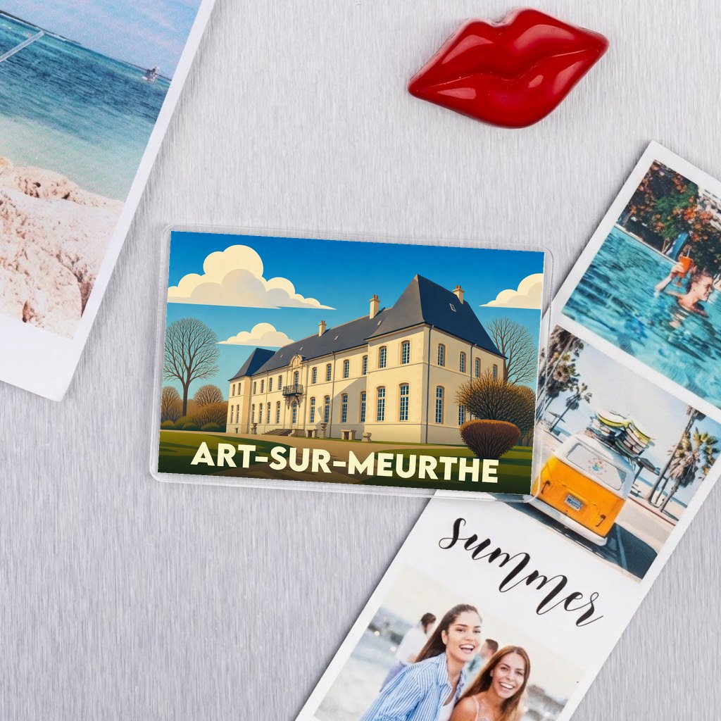 Magnet souvenir de la ville d'Art-sur-Meurthe avec une illustration stylisée du château local.