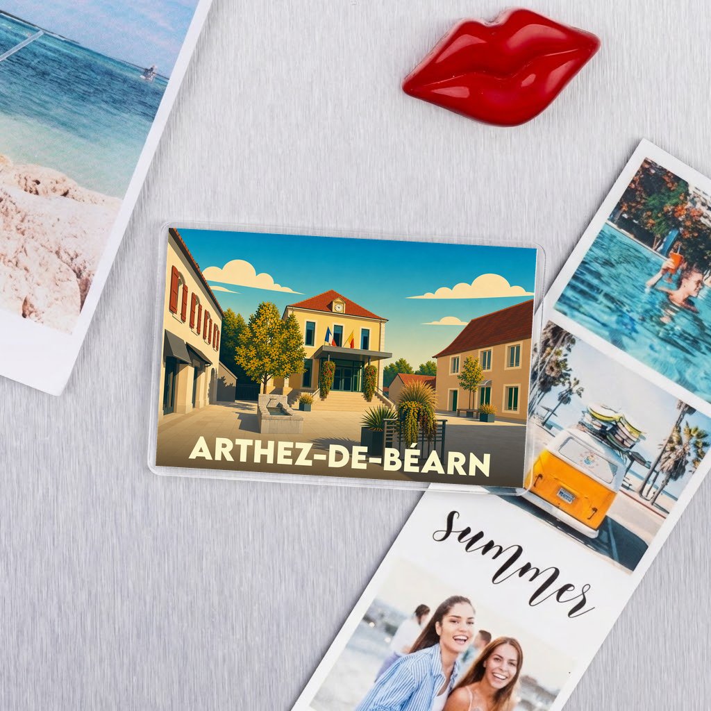 Magnet souvenir de la ville d'Arthez-de-Béarn avec une illustration stylisée de sa mairie.
