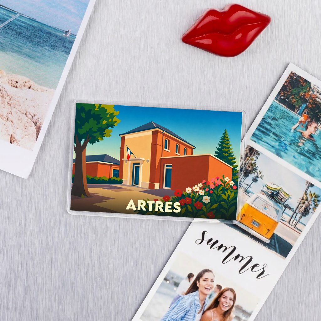 Magnet souvenir de la ville de Artres avec une illustration stylisée de sa mairie.
