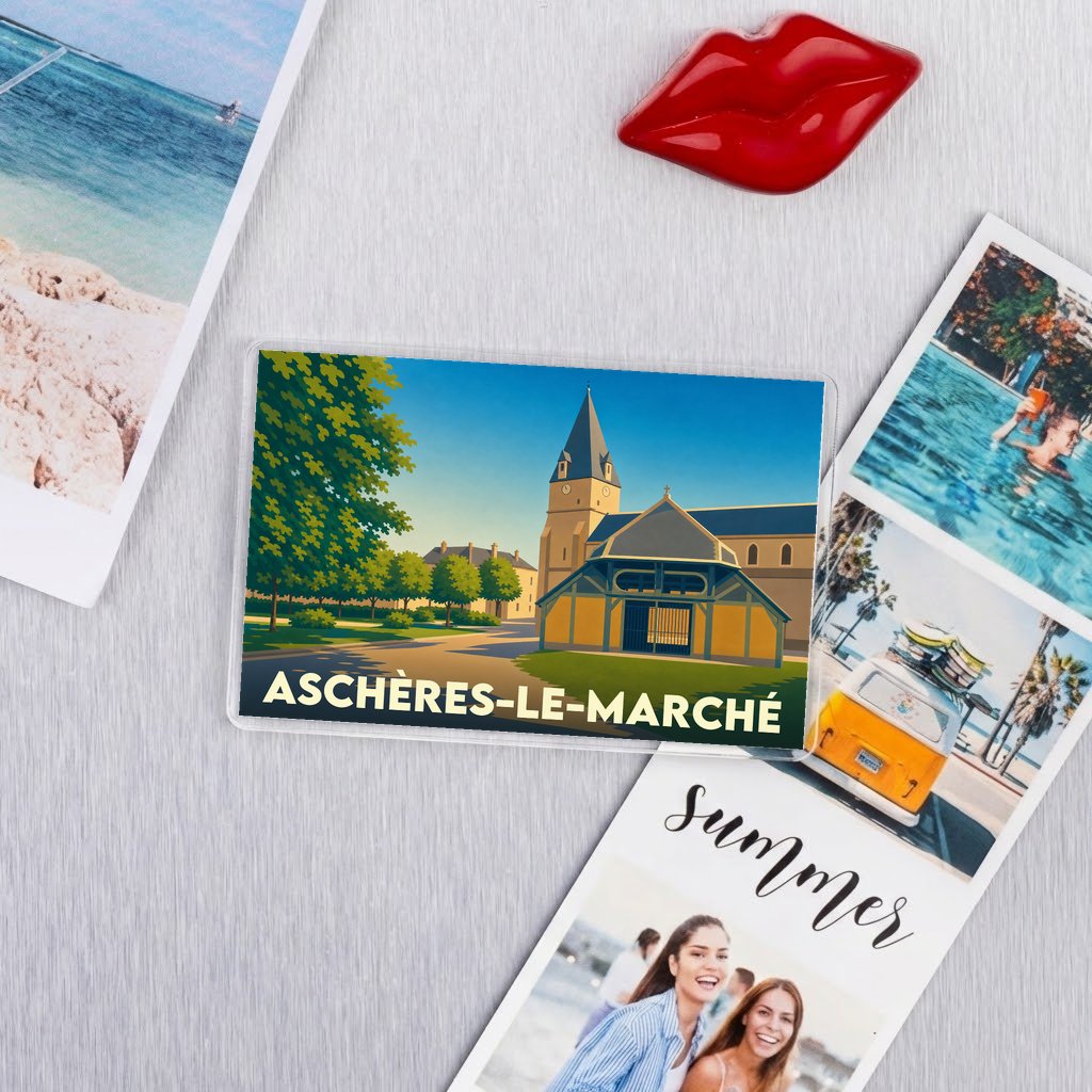 Magnet souvenir de la ville d'Aschères-le-Marché avec une illustration stylisée de son église et de sa halle.