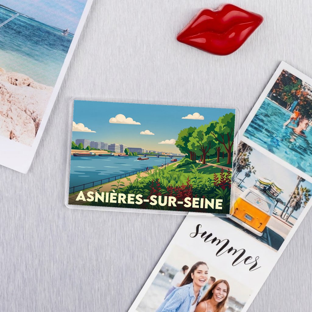 Magnet souvenir de la ville d'Asnières-sur-Seine avec une illustration stylisée des bords de Seine.