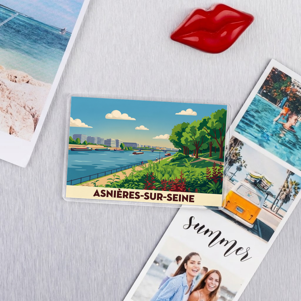 Magnet souvenir de la ville d'Asnières-sur-Seine avec une illustration stylisée des bords de Seine.