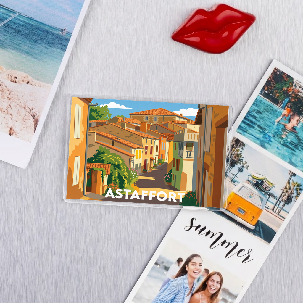 Magnet souvenir de la ville d'Astaffort avec une illustration stylisée.